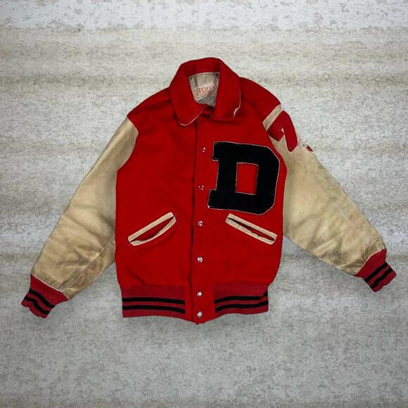 ripon Other - True Vintage 50s Ripon Varsity Jacket Mens XS Red Tan Leather Sleeves Wisconsin